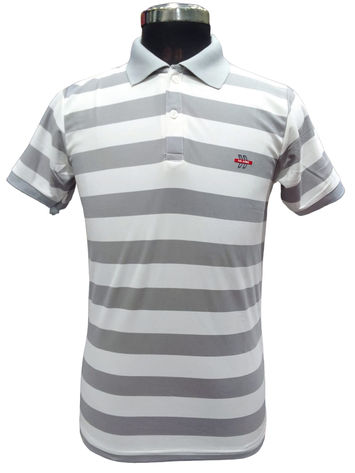 GREY AND WHITE POLO CASUAL WEAR STRIPED T-SHIRT 3112