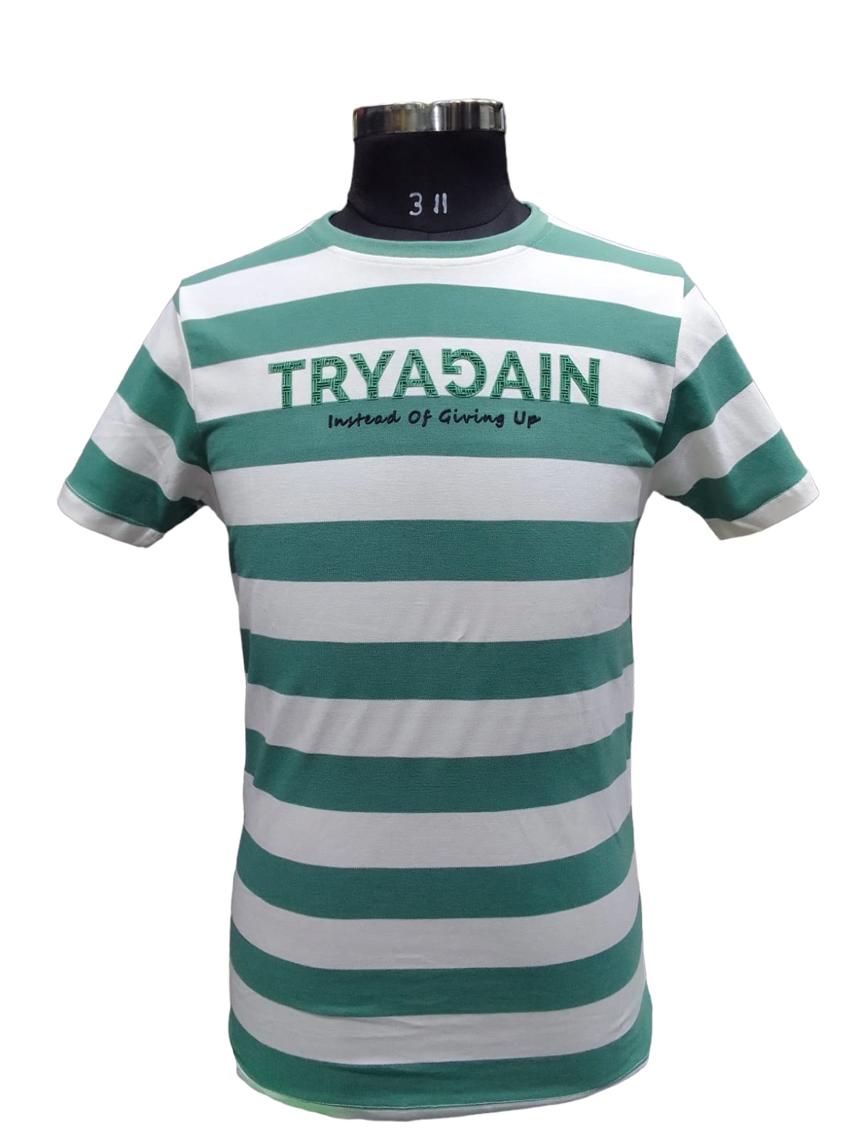 PREMIUM T SHIRT WITH WHITE AND GREEN STRIPED 3059